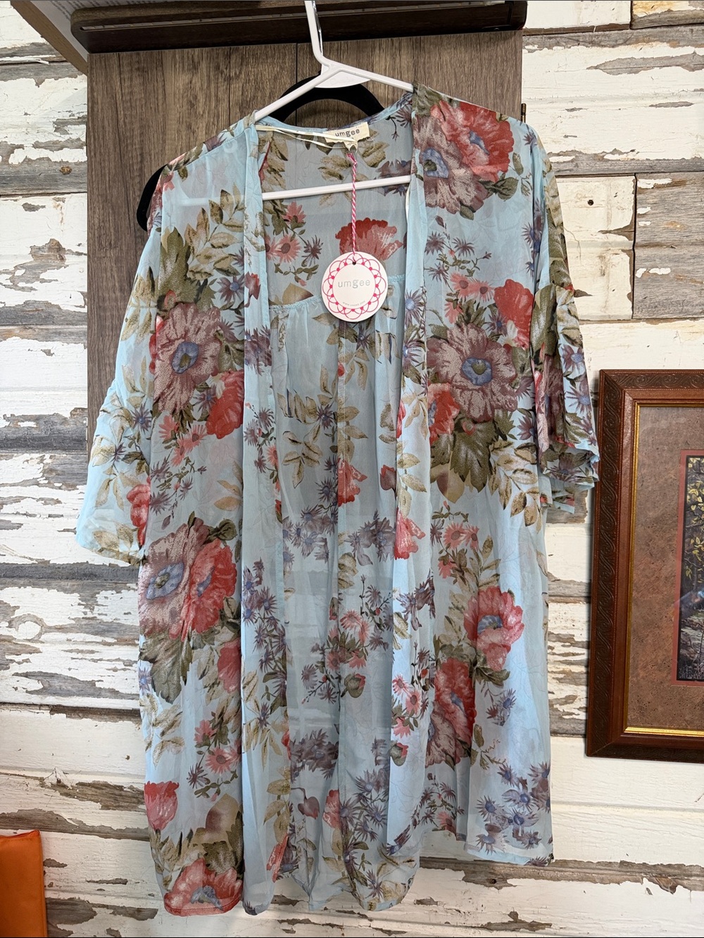 Umgee Light Blue Floral Sheer Kimono with Coral & Green Accents